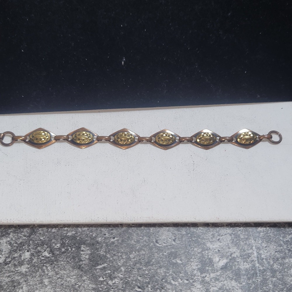 Vintage Copper Diamond Link Bracelet Textured Gold Tone Oval Accents Boho Retro - Picture 2 of 9